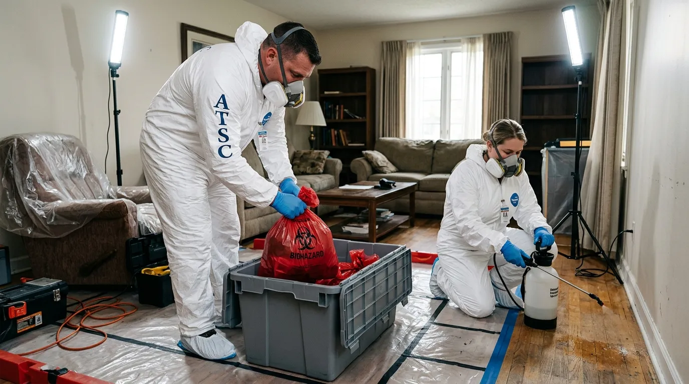 Professional Unattended Death Cleanup technician in full PPE working in Marathon